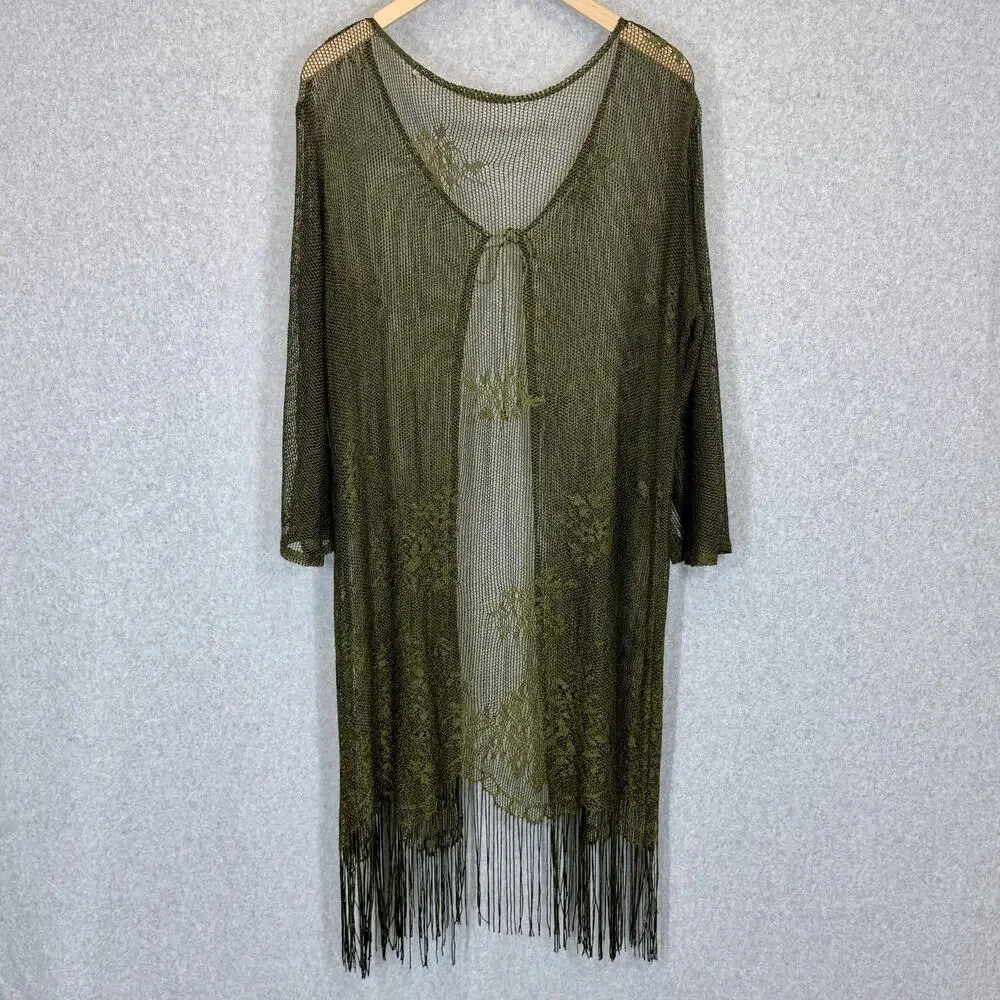 Boho Olive Green Open Knit Fringe Kimono Cardigan Cover Up Duster Crochet Top - Picture 2 of 9